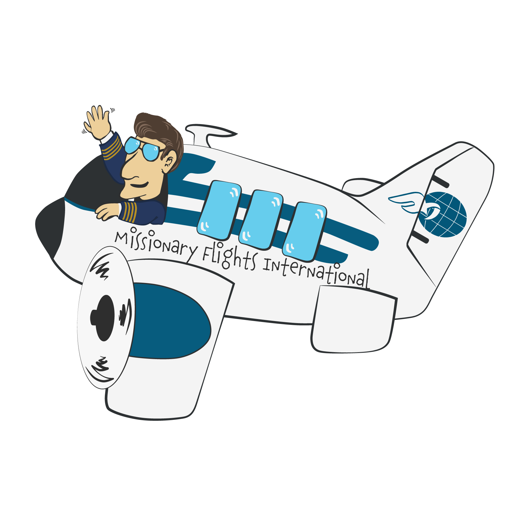 Cartoon with MFI captain waving out the window of a DC-3